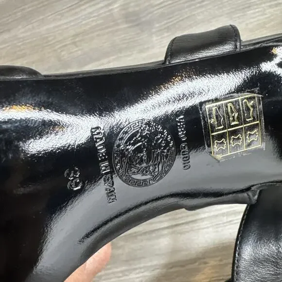 VERSACE SHOES BLACK LEATHER w MEDUSA HIGH HEEL SANDALS sz IT 39 US 8 - Picture 8 of 10
